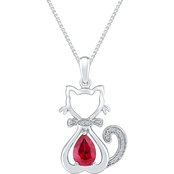 Sterling Silver Lab Created Ruby and Diamond Accent Cat Pendant