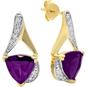 14K Gold Over Sterling Silver Amethyst with Diamond Accent Trillion Cut Earrings