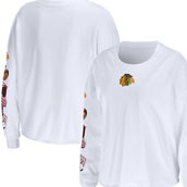 WEAR by Erin Andrews Women's White Chicago Blackhawks Celebration Cropped Long Sleeve T-Shirt