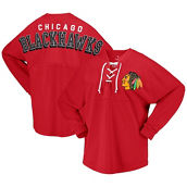 Fanatics Branded Women's Red Chicago Blackhawks Spirit Lace-Up V-Neck Long Sleeve Jersey T-Shirt
