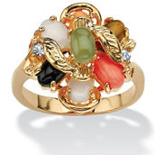 Oval Genuine Coral, Opal, Jade, Onyx and Tiger's-Eye Cluster 18k Gold-Plated Ring