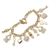 PalmBeach Crystal Yellow Gold-Plated Shoe, Purse, Heart Lock and Key Charm Bracelet