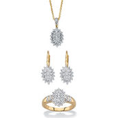 PalmBeach 1/6 Cttw Diamond Cluster Gold-Plated Ring, Earring Necklace Set 18