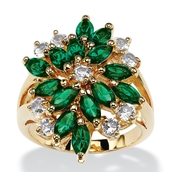 Marquise-Cut Emerald Green Crystal Cluster Cocktail Ring. 18k Gold-Plated