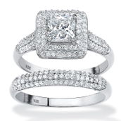 PalmBeach 1.67 TCW CZ Halo Bridal Ring Set in Platinum-plated Sterling Silver