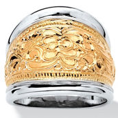 Yellow Gold-Plated Sterling Silver Two-Tone Scroll Motif Cigar Band Ring