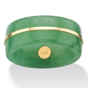 Genuine Green Jade Striped Ring Band with 10k Yellow Gold Accent