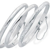 Polished, Engraved and Floral Three-Piece Bangle Set in .925 Sterling Silver