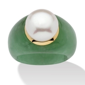 Round Cultured Freshwater Pearl Green Jade 10k Yellow Gold Ring (11mm)