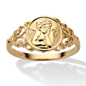 Cherub Guardian Angel Open Scrollwork Ring in Solid 10k Yellow Gold