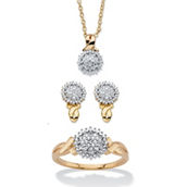 PalmBeach 1/10 Cttw. 14k GP Diamond Accent Cluster Earring Ring Necklace Set 18-20