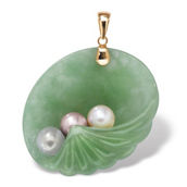 Genuine Green Jade and Freshwater Cultured Pearl 14k Yellow Gold Shell Pendant