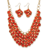 2 Piece Orange Bib Necklace and Cluster Earrings Set in Yellow Goldtone