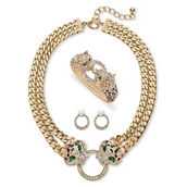 PalmBeach Pave Crystal and Simulated Emerald Goldtone Leopard 3-Piece Set