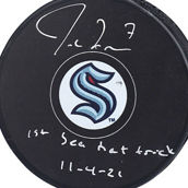 Fanatics Authentic Jordan Eberle Seattle Kraken Autographed Inaugural Season Official Game Puck with ''1st Sea Hat Trick 11-4-21'' Inscription