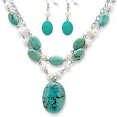 PalmBeach Genuine Turquoise and Freshwater Pearl Silvertone Jewelry Set