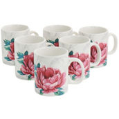 Martha Stewart 16oz Fine Ceramic Decorated Floral 6 Piece Mug Set in White and P