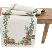 Manor Luxe Winter Pine Cones & Branches Crewel Embroidered Table Runner