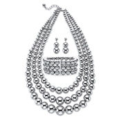 PalmBeach Beaded Silvertone Triple-Strand Necklace, Earring and Bracelet Set