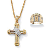 PalmBeach Men's 1/8 TCW Diamond Crucifix and Cross Crystal Gold-plated Silver Ring