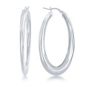 Bella Silver Sterling Silver Bottom Flat Oval Hoop Earrings - Rhodium Plated