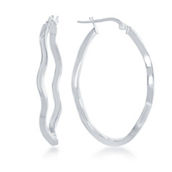 Bella Silver Sterling Silver Wavy Designed Oval Hoop Earrings - Rhodium Plated