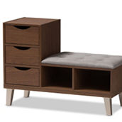 Baxton Studio Arielle Walnut Wood 3-Drawer Shoe Storage With Upholstered Bench