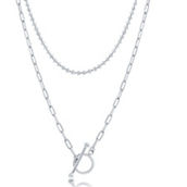 Bella Silver, Sterling Silver Layered Paperclip and Beaded Chain Toggle Necklace
