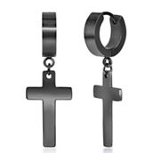 Metallo Stainless Steel Cross Charm Polished Huggie Hoop Earrings - Black Plated
