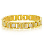 Metallo Stainless Steel CZ Square Link Bracelet - Gold Plated