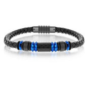 Metallo Blue Stainless Steel w/ Black Carbon Fiber Genuine Leather Bracelet
