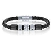 Metallo Black & Silver Stainless Steel w/ Black CZ Genuine Leather Bracelet