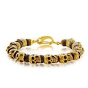 Metallo Stainless Steel Genuine Tiger Eye Beads Skull Bracelet - Gold Plated