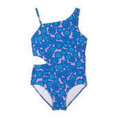Andy & Evan Girls Blue Floral Print One-Shoulder Swimsuit