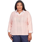Alfred Dunner Plus Size A Fresh Start Stripe Collar Layered Sweater With Necklace