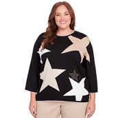 Alfred Dunner Plus Size Neutral Territory Star Patch Crew Neck Sweater