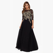 BETSY & ADAM LONG EMBROIDERED CAP SLEEVE. CHIFFON GOWN.
