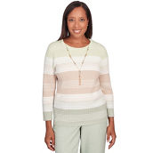 Alfred Dunner Women's English Garden Texture Stripe Crew Neck Sweater With Necklace