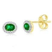 Bellissima 14K Yellow Gold, 4x3mm Oval Emerald (0.35ct) & Diamond Studs (32 Stones)