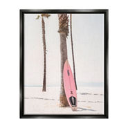 Stupell Black Framed Floater Canvas Wall Art Pink Surfboard on Coast, 17 x 21