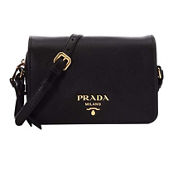 Prada Vitello Phenix Black Leather Flap Crossbody Bag (New)