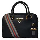Prada Vitello Phenix Black Leather Web Stripe Crossbody Satchel Bag (New)