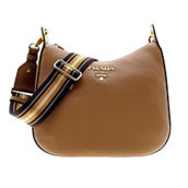 Prada Vitello Phenix Caramel Brown Leather Web Stripe Crossbody Bag (New)