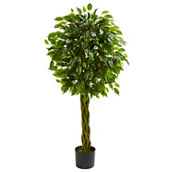 Nearly Natural 4-ft Ficus Artificial Tree with Woven Trunk, UV Resistant (Indoor/O