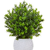 Nearly Natural Boxwood Evergreen Artificial Plant in White Vase (Indoor/Outdoor)