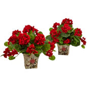Nearly Natural 11-in Geranium Flowering Silk Plant with Floral Planter (Set of 2)