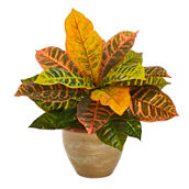 Nearly Natural 15-in Garden Croton Artificial Plant in Ceramic Planter (Real Touch