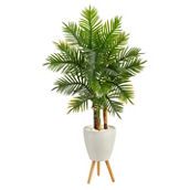 Nearly Natural 63-in Areca Artificial Palm Tree in White Planter with Stand (Real