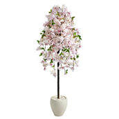 Nearly Natural 70-in Cherry Blossom Artificial Tree in White Planter