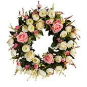 Nearly Natural 20-in White & Pink Rose Artificial Wreath